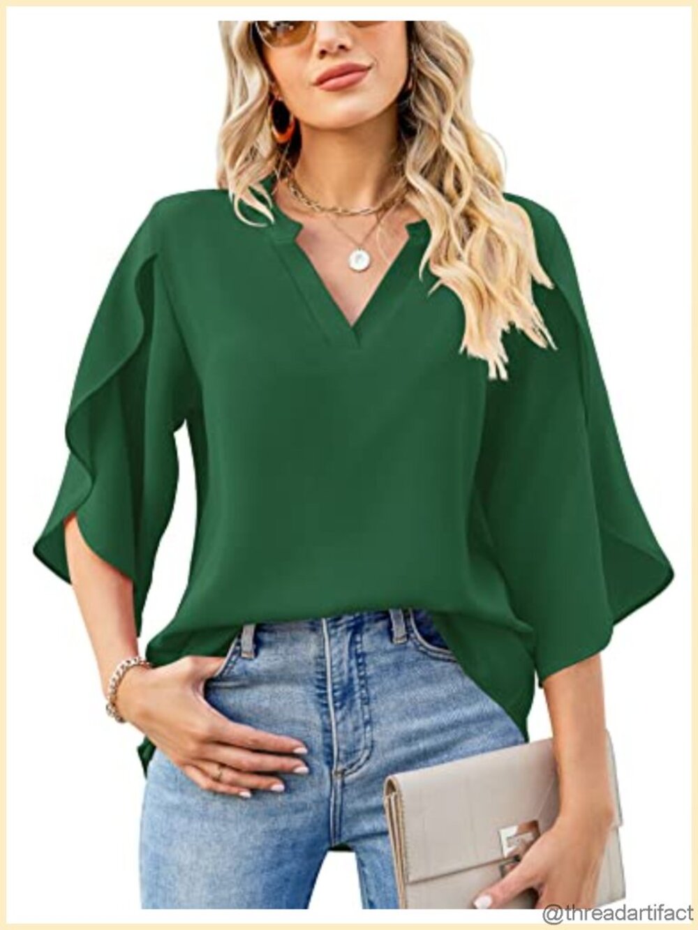Women's Chiffon Blouse 3/4 Ruffled Sleeve V Neck Loose Fit Tunic Top